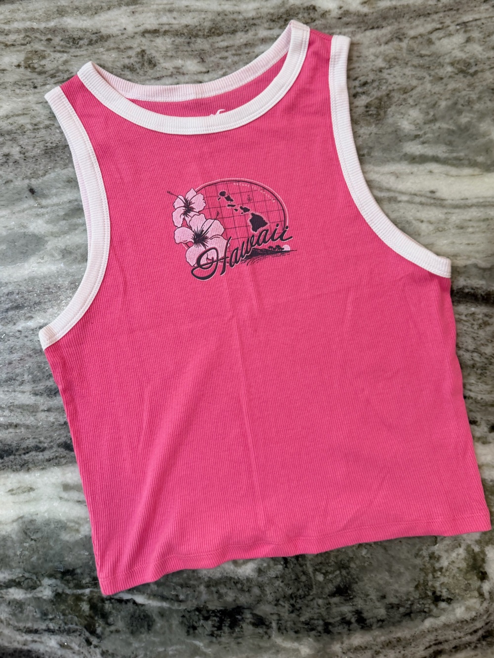 Hollister Pink Ribbed Tank with White Trim and Hawaii Graphic